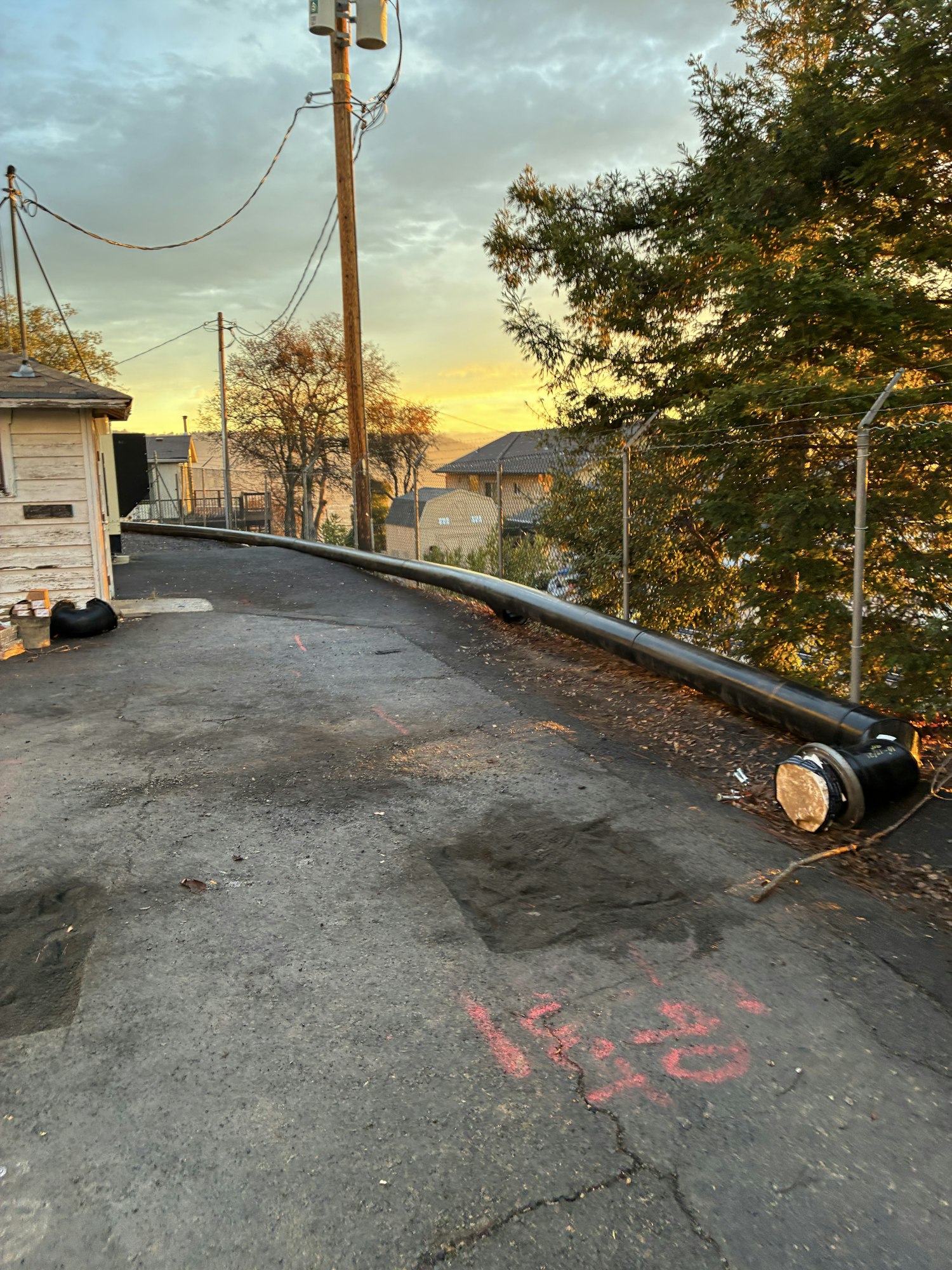 A sloped alley with trees, a power pole, and a faint sunset in the background, featuring markings on the asphalt.