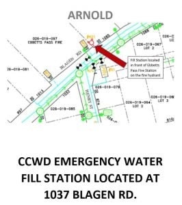 A map showing the location of an emergency water fill station in Arnold at 1037 Blagen Rd.