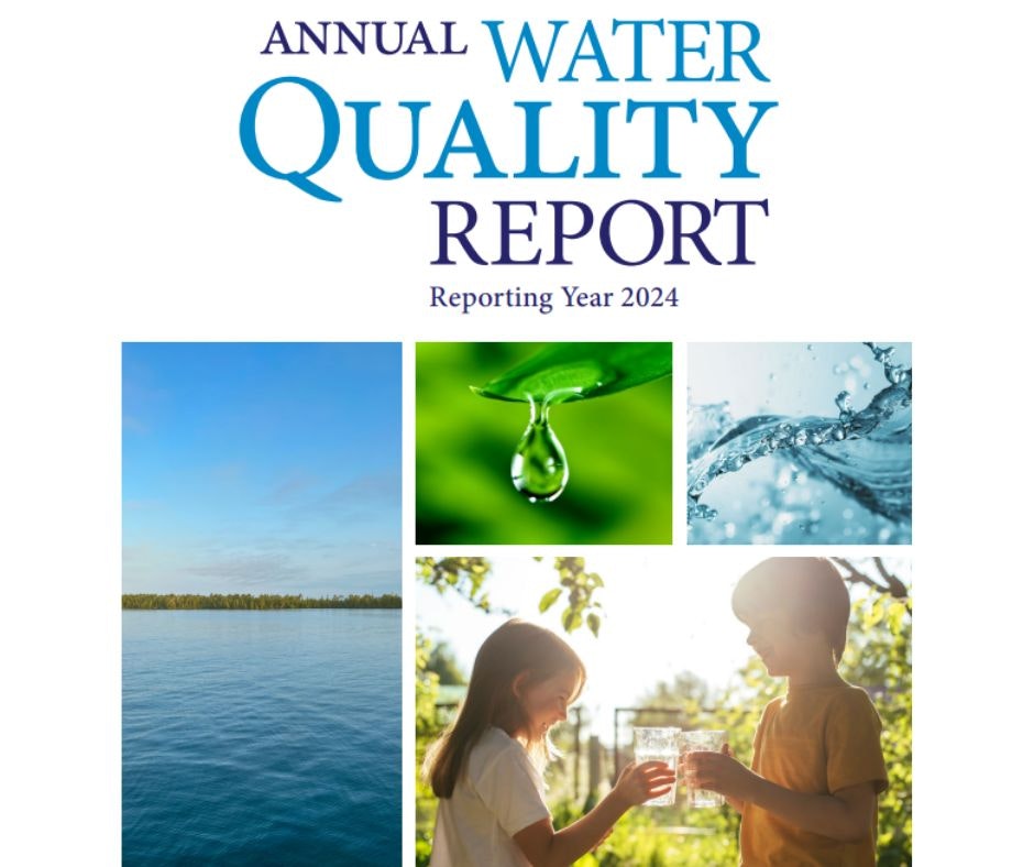 Annual Water Quality Report 2024 with images of water, a leaf drop, and two children holding glasses of water.