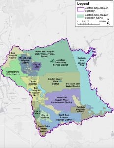 A map showing various water districts within a regional boundary, each area color-coded, with a legend indicating the districts.