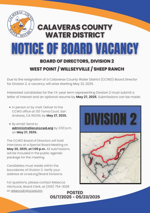 Calaveras County Water District seeks candidates for Division 2 Board vacancy. Apply by May 27, 2025. Interviews on May 30, 2025.