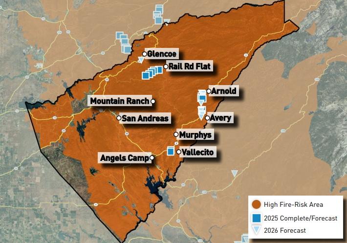 Map highlighting high fire-risk areas and forecast completions in 2025 and 2026 for various locations in Calaveras County.