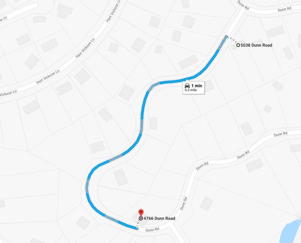A map showing a route with a start and end point on Dunn Road.