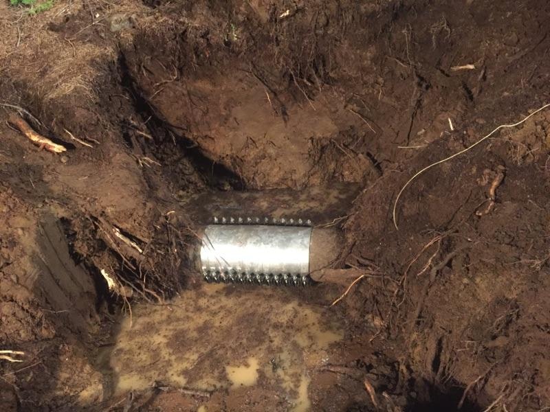 Culvert pipe in a trench with surrounding soil and roots.