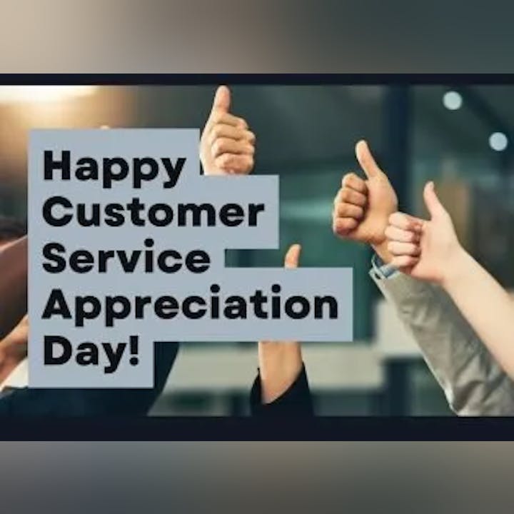 People giving thumbs-up behind a "Happy Customer Service Appreciation Day!" sign.