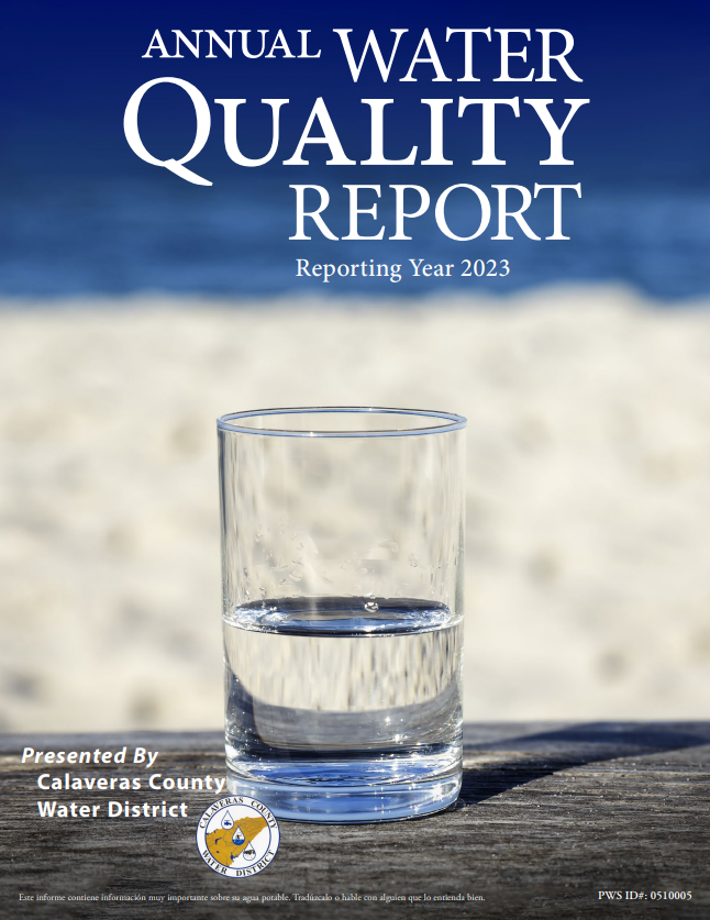 Cover of an Annual Water Quality Report with a glass of water, presented by Calaveras County Water District.