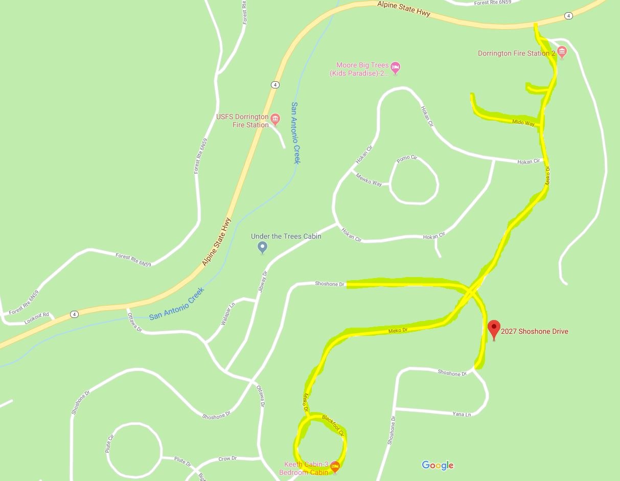 A map showing roads and location markers around 2027 Shoshone Drive.