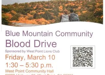 A flyer for a community blood drive event with a QR code, date, and sponsorship details.