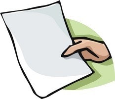 A cartoon of a hand holding a blank sheet of paper.