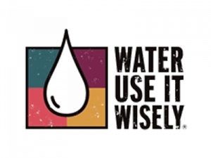 A logo with a water droplet and the slogan "WATER USE IT WISELY."