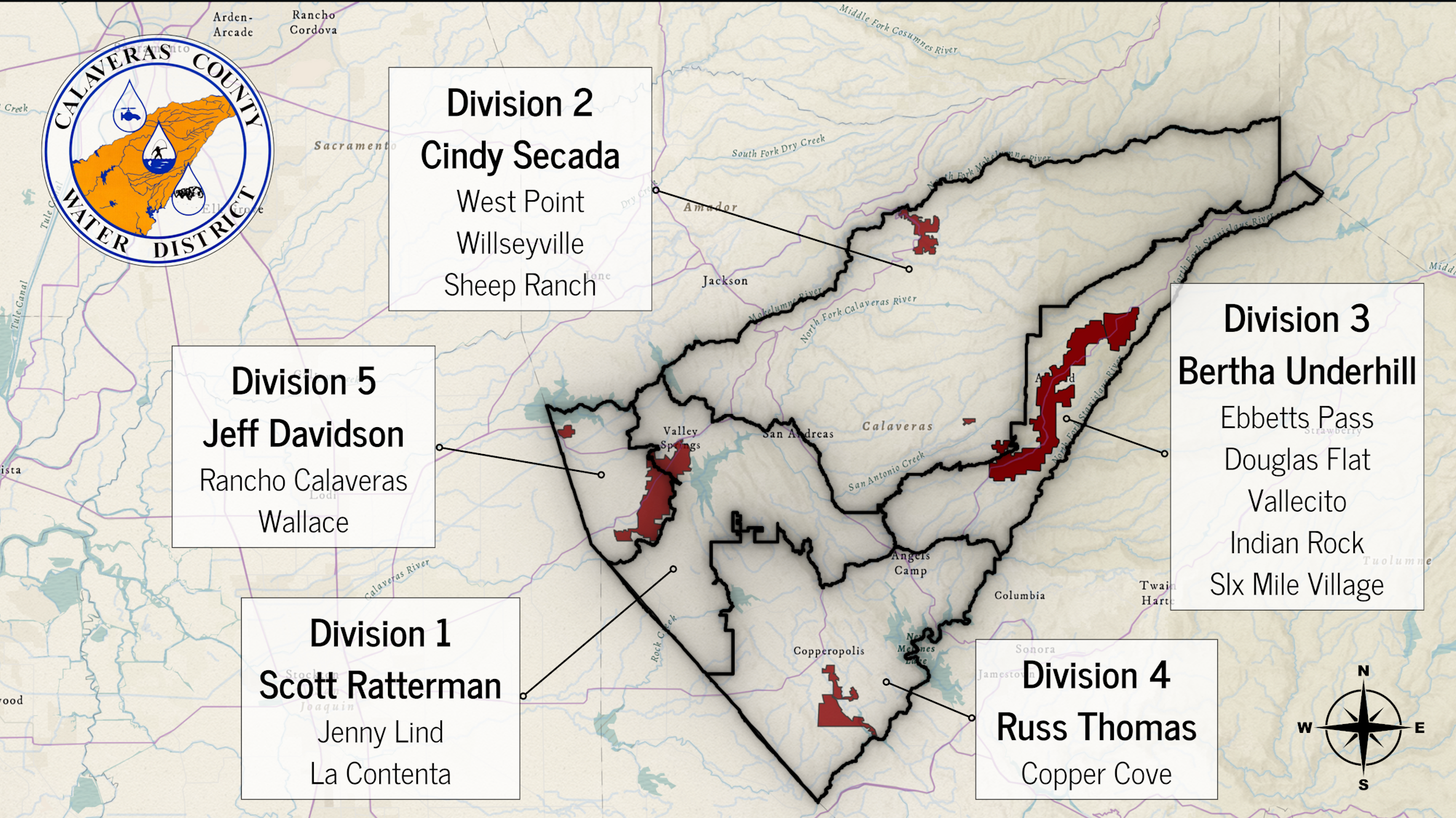 A map showing divisions of a water district with names of representatives and areas they oversee.