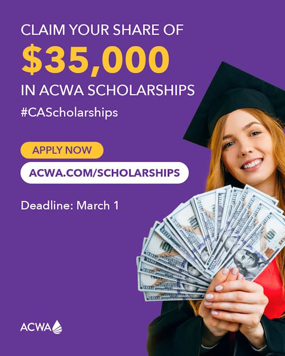ACWA offers $35,000 in scholarships. Apply by March 1 at ACWA.com/scholarships. #CAScholarships
