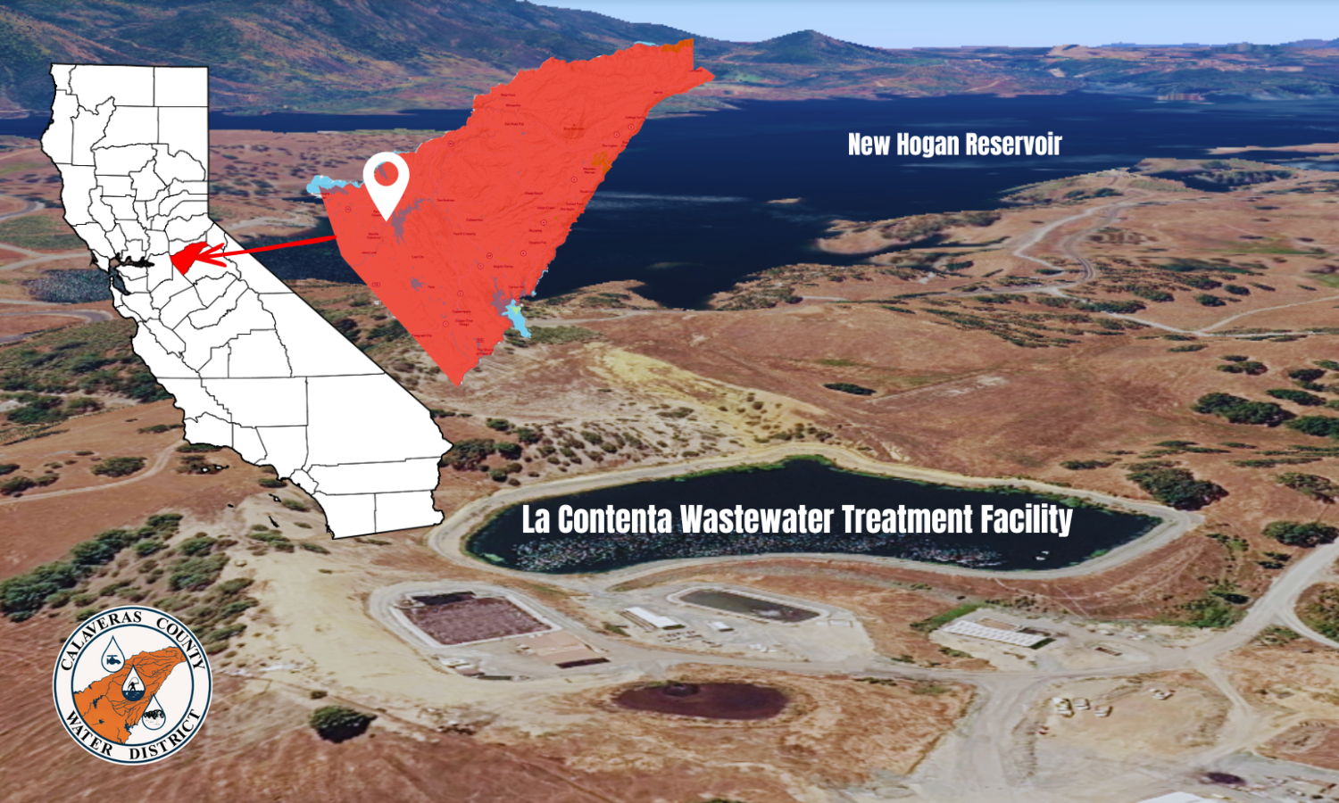 The image shows a map highlighting the La Contenta Wastewater Treatment Facility in California, near the New Hogan Reservoir.