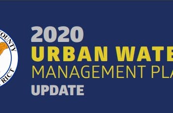 2020 Urban Water Management Plan update text with a seal-like emblem on the left.