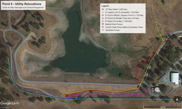 Aerial image of a pond with color-coded utility relocation lines and a legend explaining them.