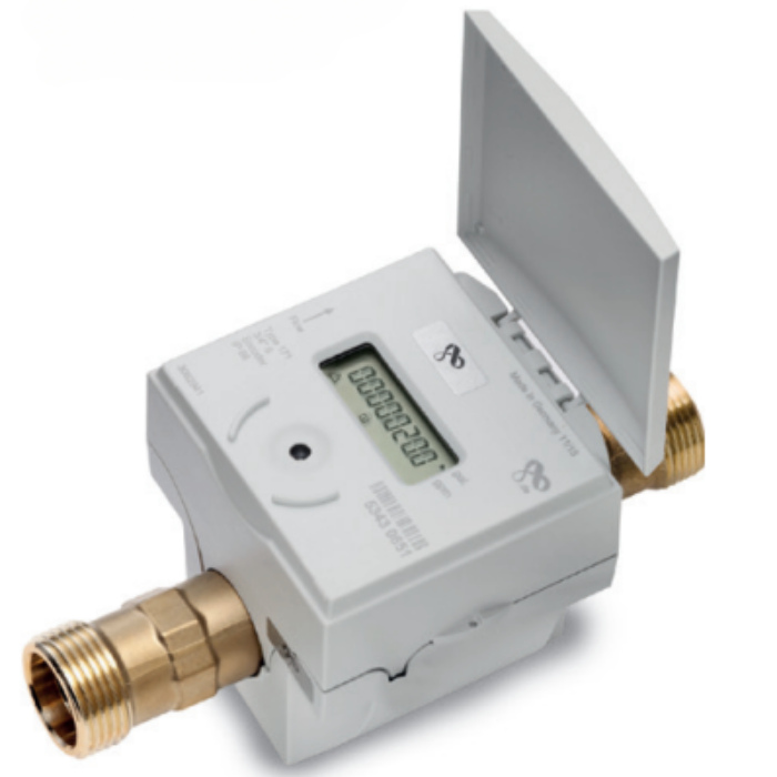 A digital water meter with brass fittings and a protective cover.