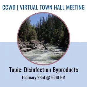 An announcement for a virtual town hall meeting about disinfection byproducts, set for February 23rd at 6 PM, with a river scene.