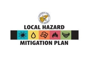 Logo for a Local Hazard Mitigation Plan featuring symbols for various disasters like flood, fire, storm, and earthquake.