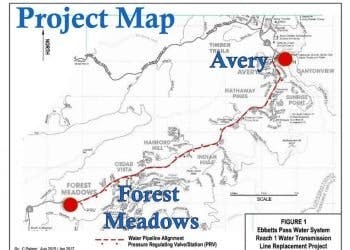 A project map showing water system infrastructure with labeled places like "Avery" and "Forest Meadows," connected by lines.