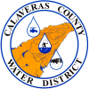A seal of the Calaveras County Water District featuring a map, water droplets, and text within a circular border.