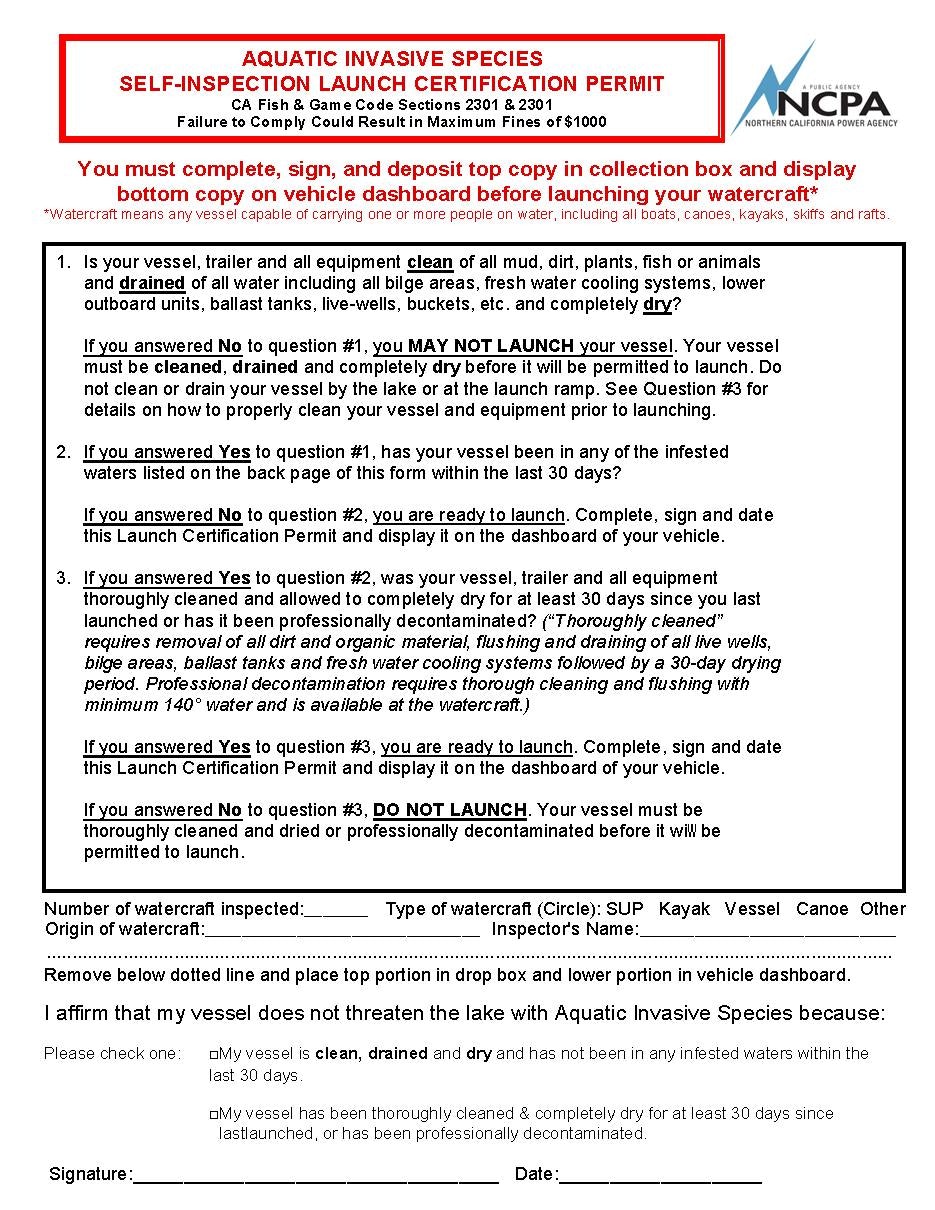 Aquatic Invasive Species self-inspection form for launching watercraft; requires cleaning, draining, drying, and decontamination verification.