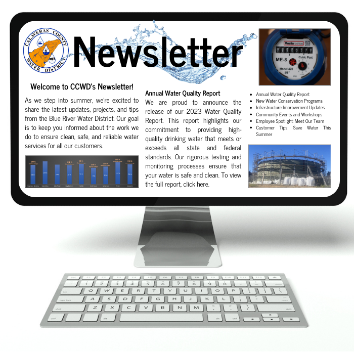 A digital newsletter emerging from a laptop keyboard, covering water district updates, water quality report, and conservation tips.