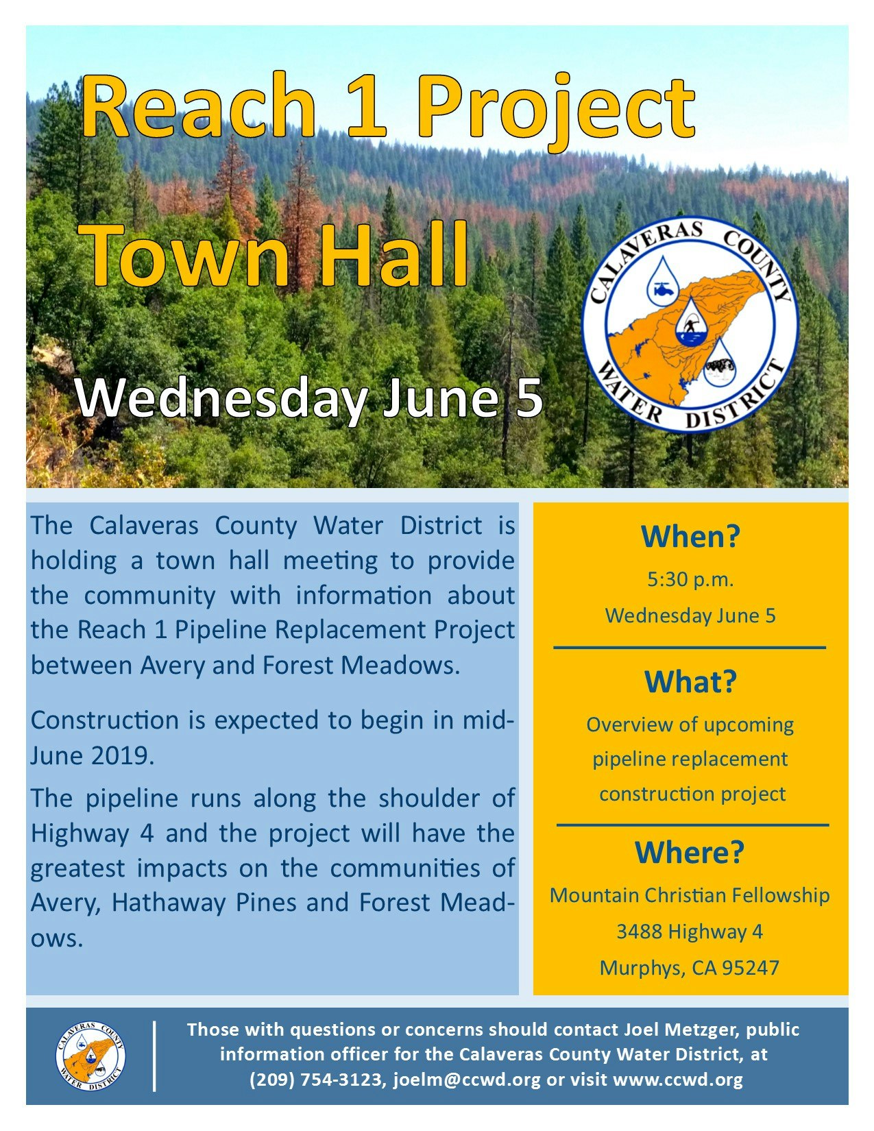 A flyer for a town hall meeting about the Reach 1 Pipeline Replacement Project on June 5th by the Calaveras County Water District.