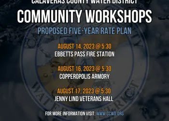 Announcement for community workshops on a proposed five-year water rate plan, with dates, times, and locations listed.