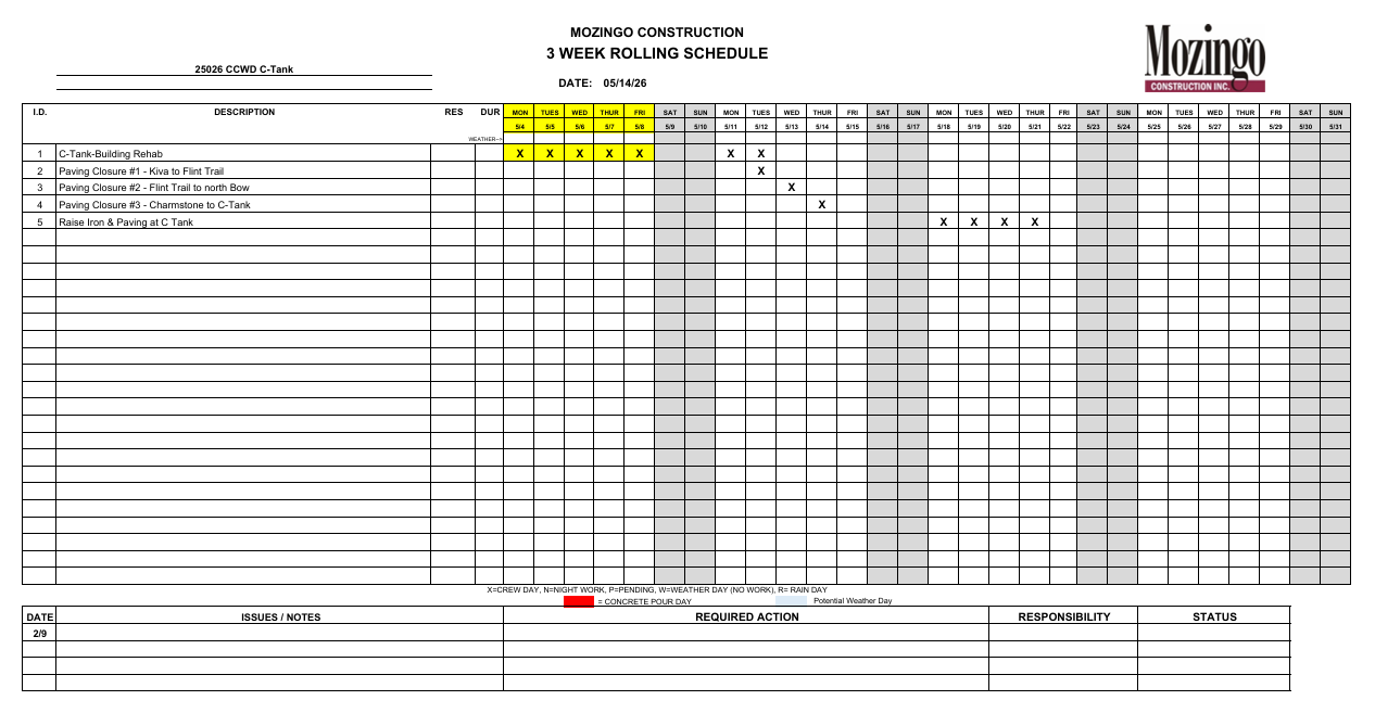 The image shows a construction 3-week rolling schedule, detailing tasks, dates, and responsibilities for various paving projects.