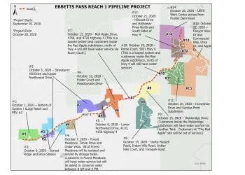 A map detailing stages and dates of a pipeline project.