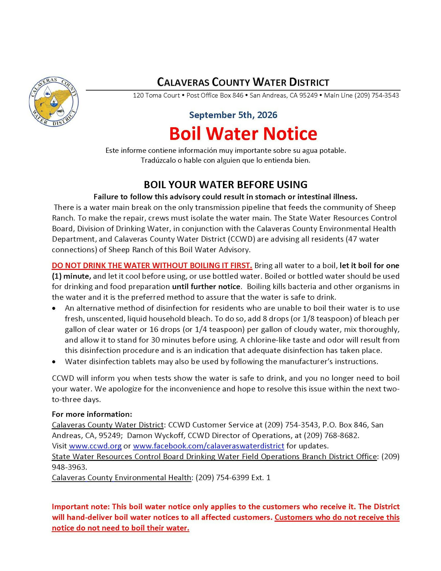 A boil water notice for Sheep Ranch due to a pipeline break; boil water before use to avoid illness. Further instructions included.