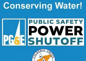 A sign about conserving water and a public safety power shutoff notice.