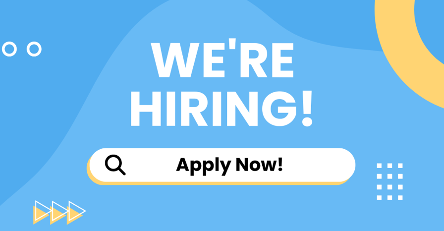 Blue "We're Hiring" graphic with "Apply Now!" button and yellow accents.