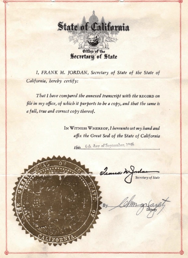 An old document from the California Secretary of State with a seal, dated September 6, 1946.