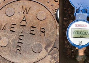A metal water meter cover and a close-up of a digital water meter display.