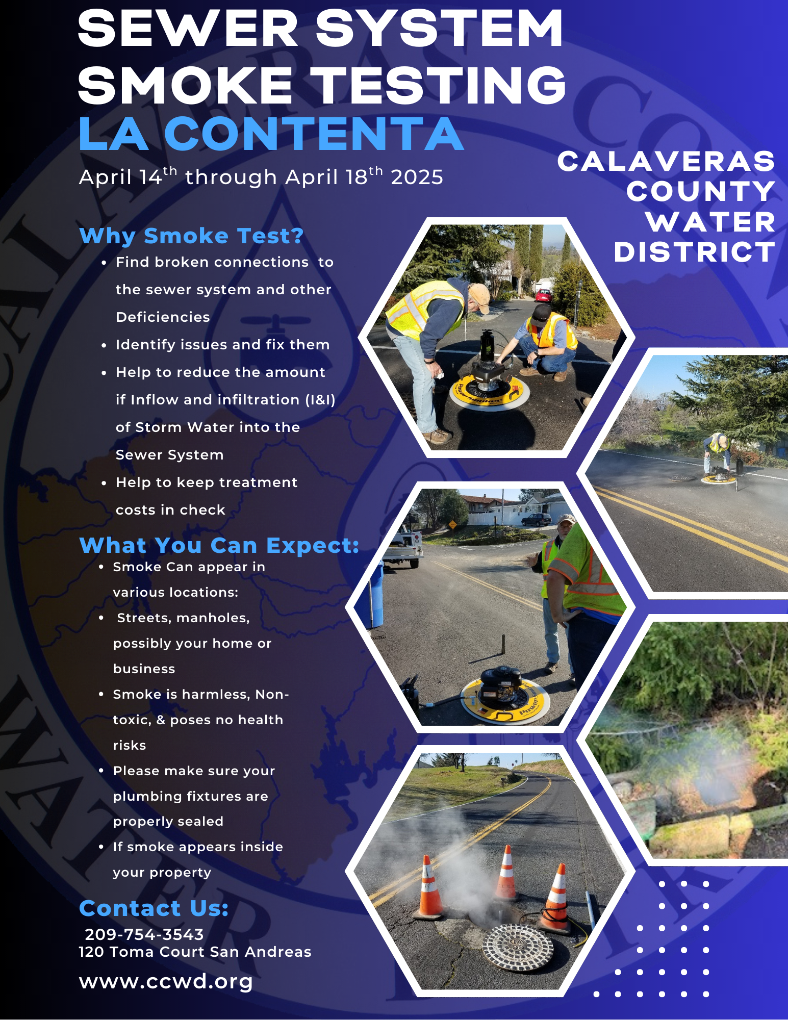 Sewer smoke testing announcement for La Contenta, April 14-18, 2025. Shows testing benefits, expectations, and contact info.