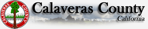 The seal of Calaveras County, California, featuring a tree, hills, and text.