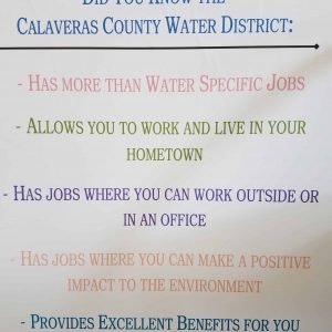 A list highlighting benefits of working with Calaveras County Water District, including local employment, variety of jobs, and excellent benefits.