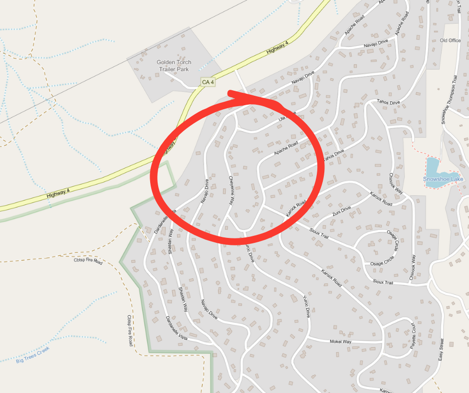 A section of a map with streets and a red circle highlighting an area.
