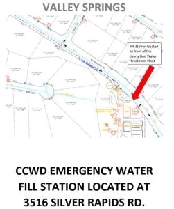A map indicating the location of an emergency water fill station at 3516 Silver Rapids Rd. in Valley Springs.