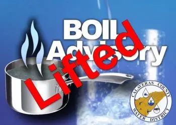 A notice saying "Boil Water Advisory Lifted" with a pot of boiling water and the Calaveras County Water District logo.