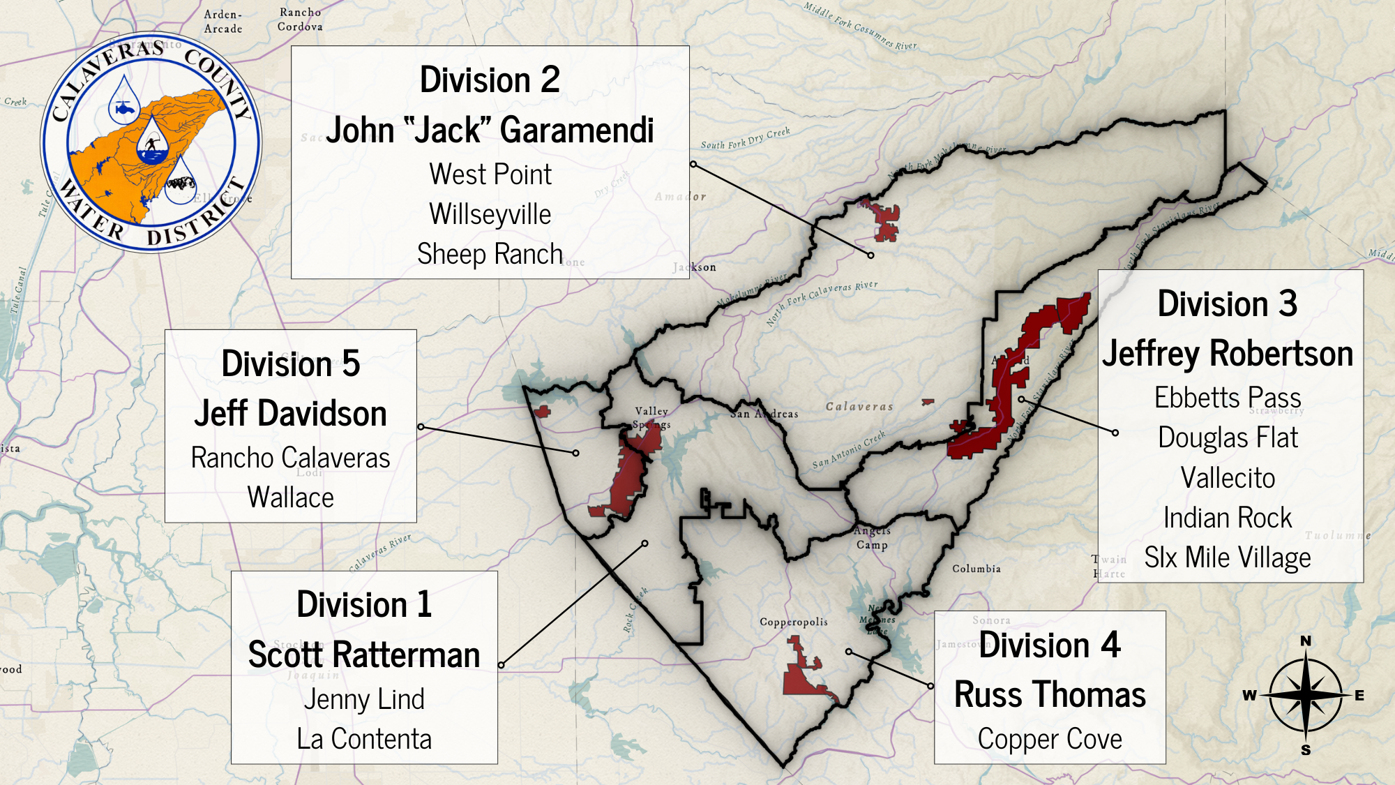 Map of Calaveras County Water District showing divisions and representatives.