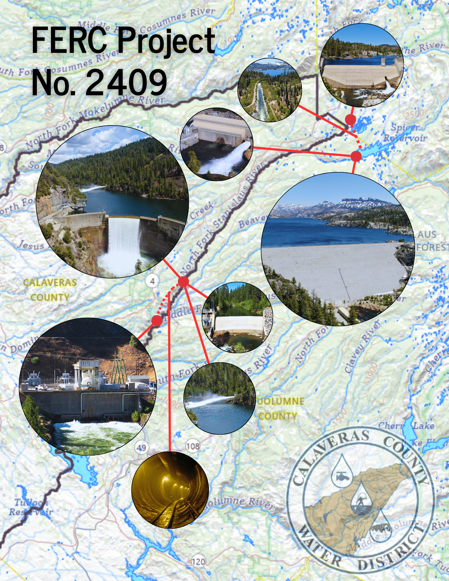 Map of Calaveras County showing FERC Project No. 2409 with images of dams, reservoirs, and waterways.