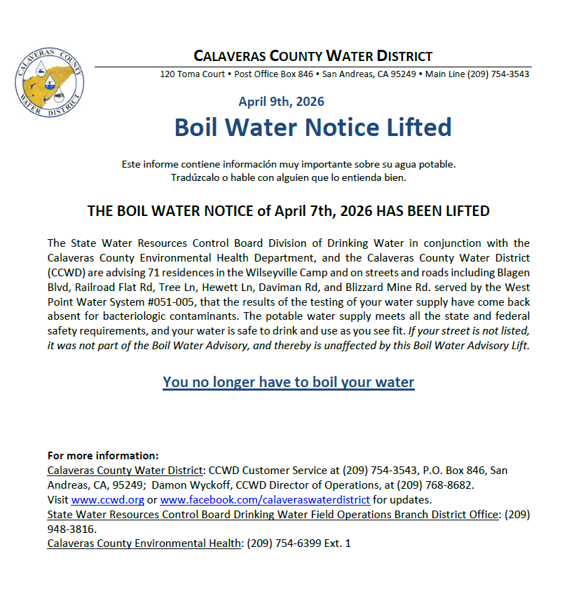 Boil water notice lifted for specified areas in Calaveras County; water supply is safe for drinking.