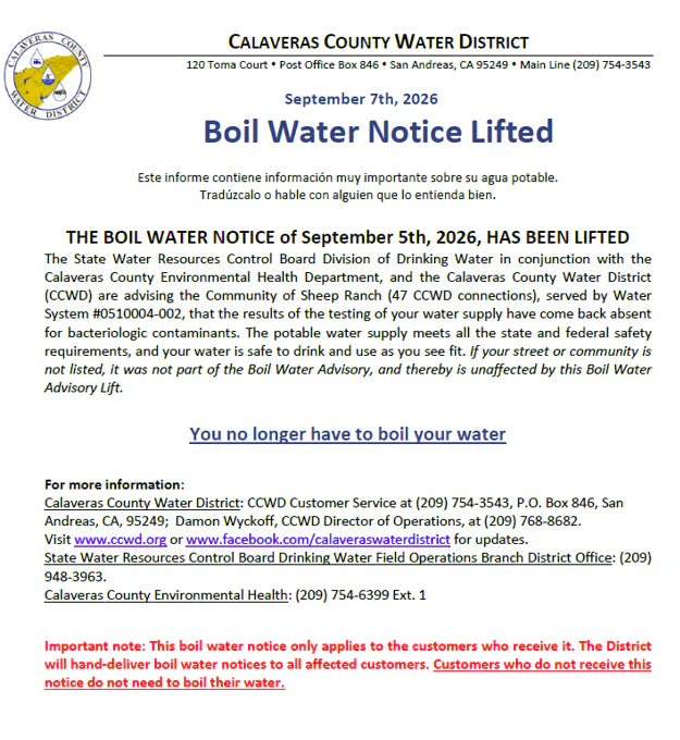 Calaveras County Water District lifted the boil water notice for Sheep Ranch. Water is now safe to drink.
