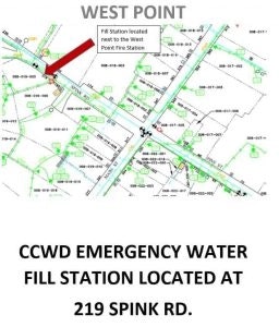 A map indicating the location of an emergency water fill station at 219 Spink Rd.
