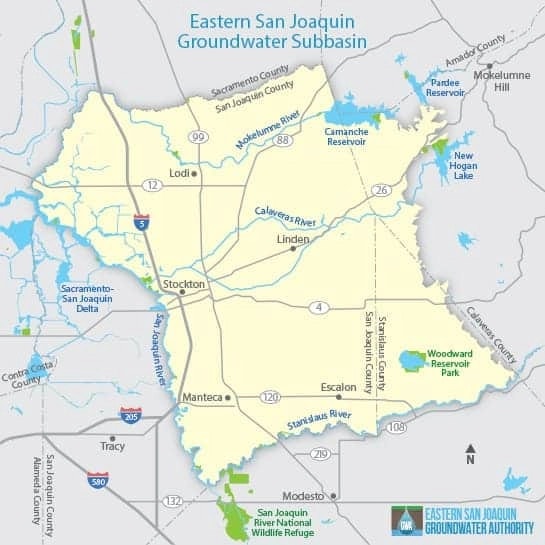 A map of the Eastern San Joaquin Groundwater Subbasin with cities, rivers, and lakes marked.
