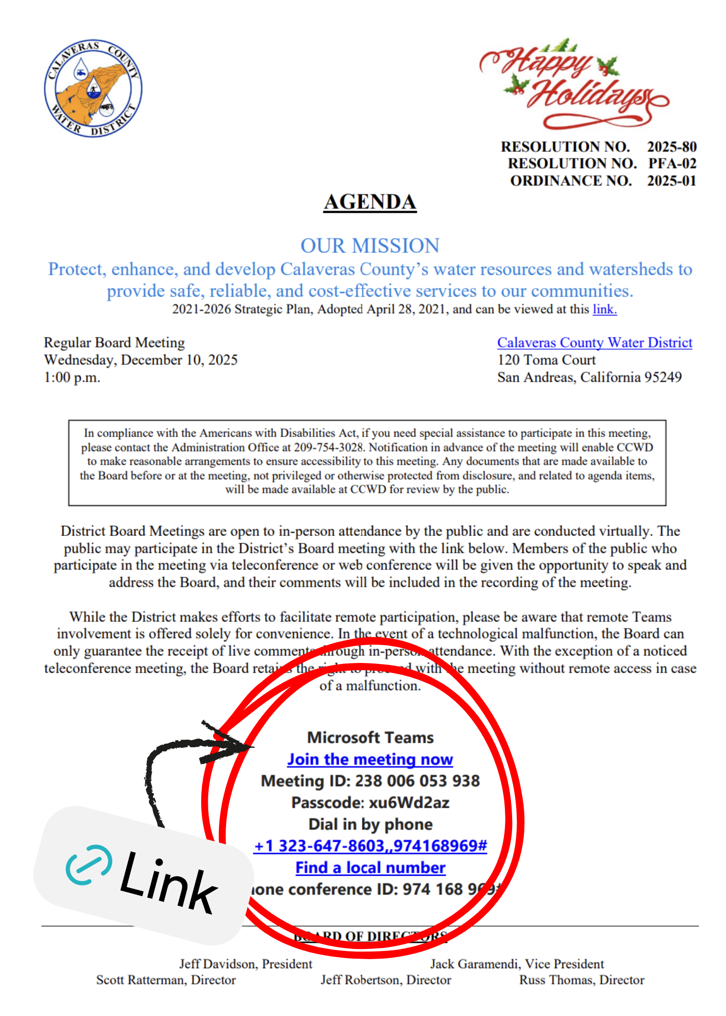 Agenda for Calaveras County Water District Board Meeting on Dec 10, 2025, includes remote participation details and meeting ID.