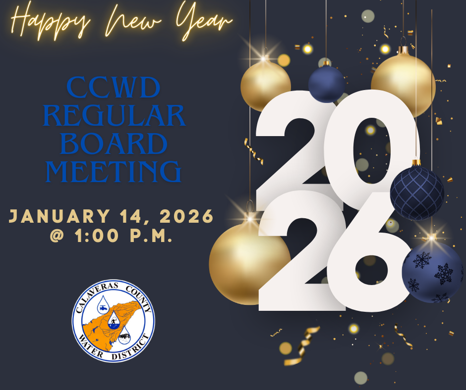 The image announces a CCWD regular board meeting on January 14, 2026, at 1:00 PM, with a "Happy New Year" theme.