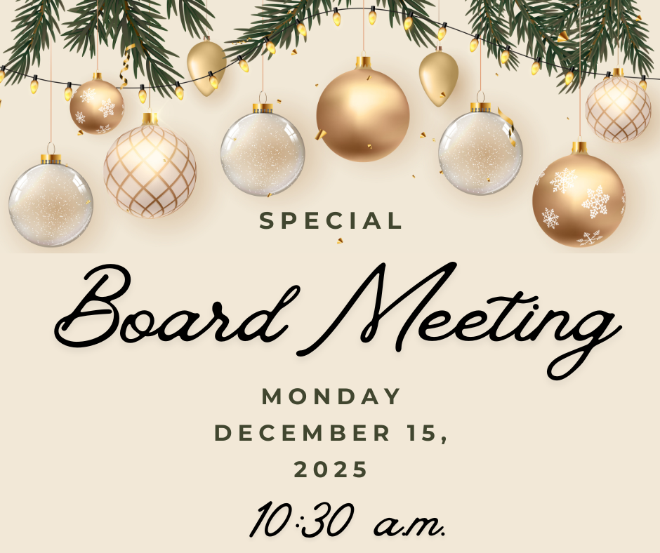 A festive invitation to a special board meeting on December 15, 2025, at 10:30 a.m., decorated with holiday ornaments.